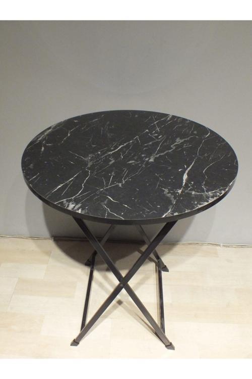 Siyah Mermer Desenli Yuvarlak Katlanır Masa