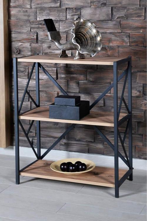 3 Raflı Metal Kitaplık 75 Cm Çam