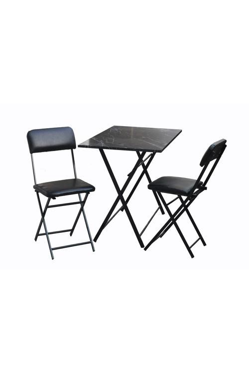 Kare Siyah Mermer Balkon Bahçe Çalışma Mutfak Masa Sandalye Takımı 70X70Cm 2 Sandalye