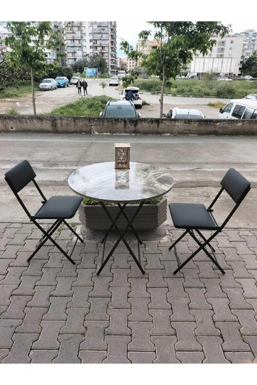Katlanır 80'Lik Gri Mermer Desenli Masa 2 Adet Bistro Sandalye