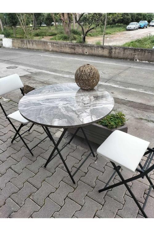 Katlanır 80'Lik Gri Mermer Desenli Masa 2 Adet Bistro Sandalye