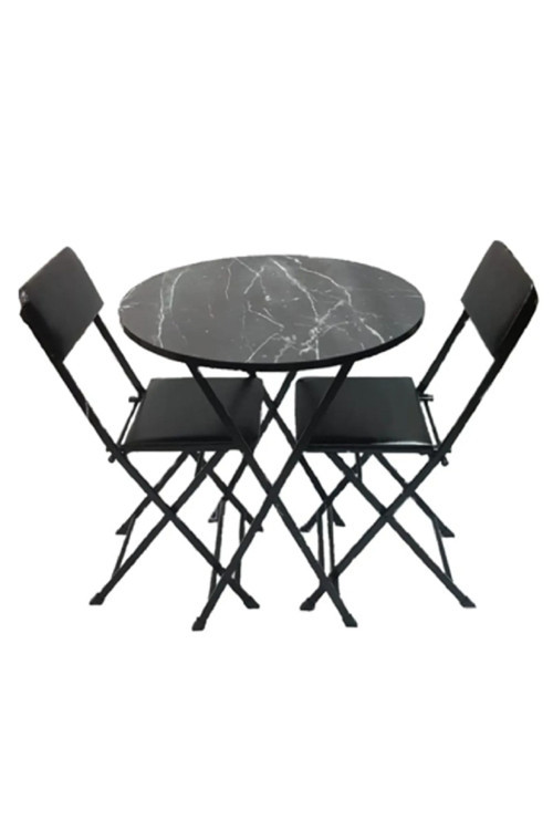 Masa Sandalye Katlanır Bistro Takımı 60Cm Siyah Mermer Desenli