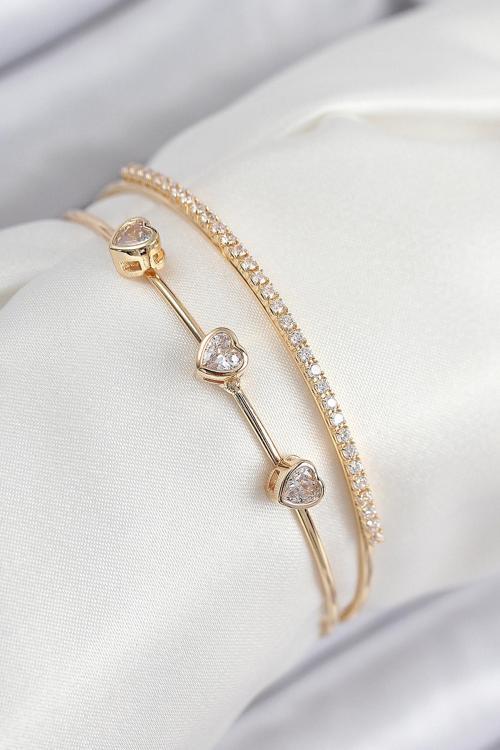 Pirinç Zirkon Taşlı Kalp Model Gold Renk Kadın Bileklik 7861