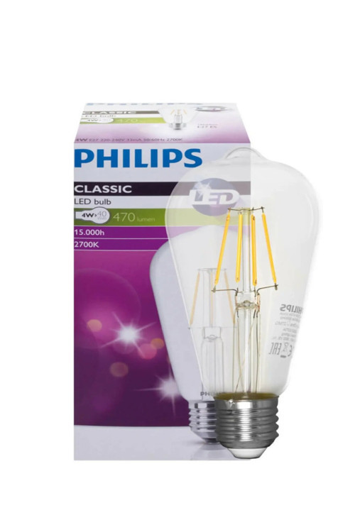 4W (34W) - Philips 4W (40W) Armut Rustik Led Ampul E27 Philips 4W (40W) Şeffaf Cam Ampul