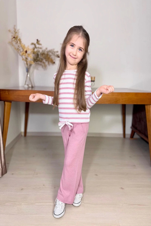 Çizgili Kız Çocuk Bol Paça Mevsimlik Pembe Renk Takım