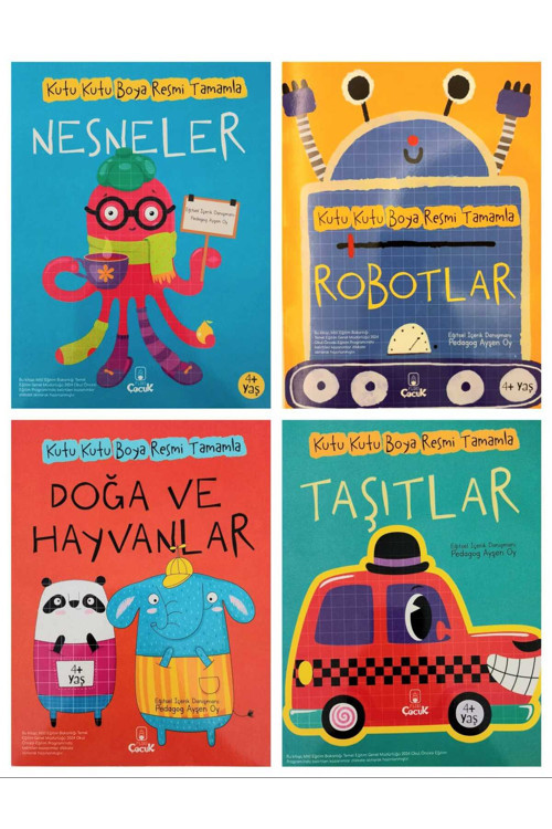 Kutu Kutu Boya Resmi Tamamla Robotlar-Nesneler-Taşıtlar-Doğa ve Hayvanlar 4 Kitap Set