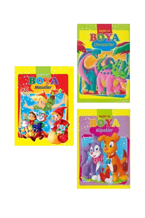 Keşfet ve Boya Dinozorlar-Masallar-Köpekler 3 Kitap
