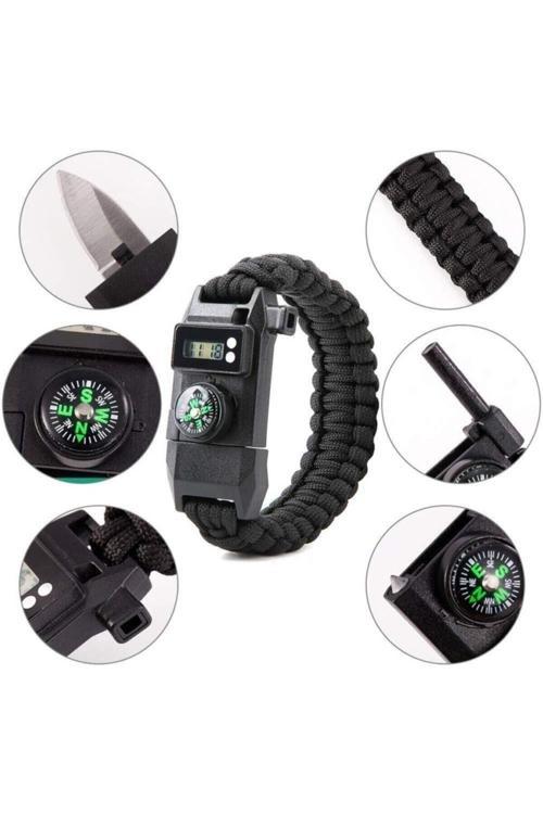 Dijital Saatli Pusula Düdük Cam Kırıcı Magnezyum Çubuklu Fonksiyonel Paracord Bileklik