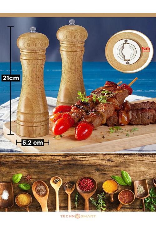 2'Li Set Doğal Ahşap Değirmen Karabiber Tuz Kahve Baharat Öğütücü Manuel El Değirmeni 22 Cm