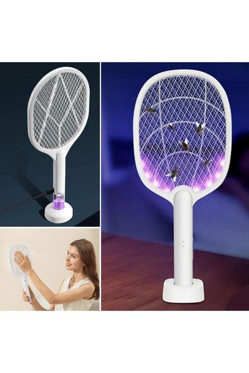 Şarjlı Sinek Öldürücü Masaüstü Standlı,Mor Işık Sinek Kovucu Raket 5W