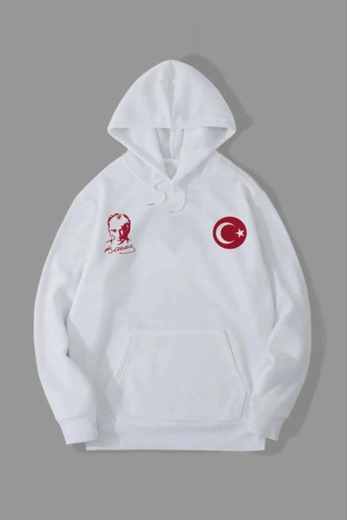 10 Kasıma Özel Üç İplik Kapşonlu Baskılı Sweatshirt - Beyaz - M