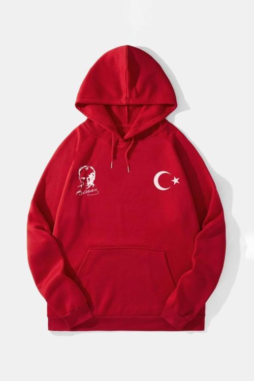 10 Kasıma Özel Üç İplik Kapşonlu Baskılı Sweatshirt - Kırmızı - Xl