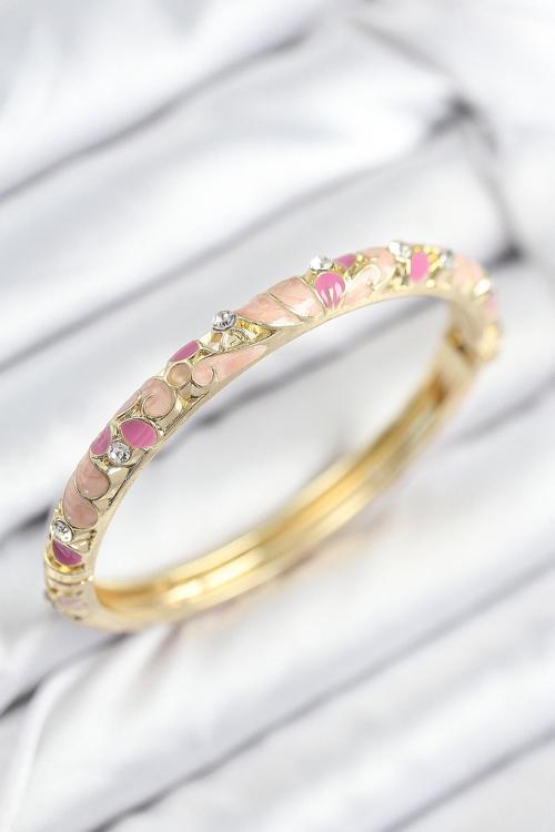Mineli Pirinç Zirkon Taşlı Pembe Çiçek Motifli Gold Kadın Kelepçe - EBJ250902W37622