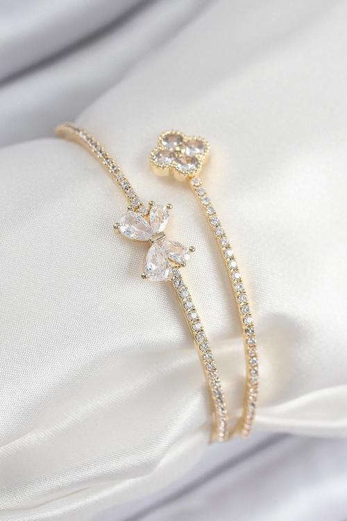 Pirinç Zirkon Taşlı Fiyonk Ve Yonca Model Gold Renk Kadın Bileklik - EBJ250902W37711