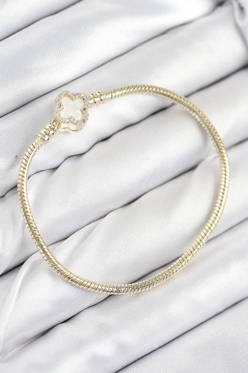 Pirinç Charm Zirkon Taşlı Yonca Model Gold Renk Kadın Bileklik - EBJ250902W37610