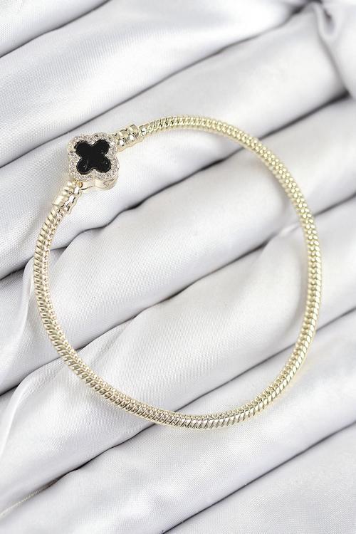 Pirinç Charm Zirkon Taşlı Yonca Model Gold Renk Kadın Bileklik - EBJ250902W37611