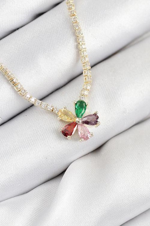 Pirinç Zirkon Taşlı Su Yolu Asorti Çiçek Model Gold Renk Kadın Kolye - EBJ250902W37766