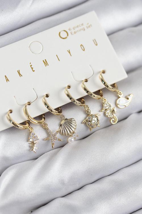 Pirinç Zirkon Taşlı İstiridye Balina Ve Yıldız Gold Renk 6'lı Küpe Set - EBJ250902W37570