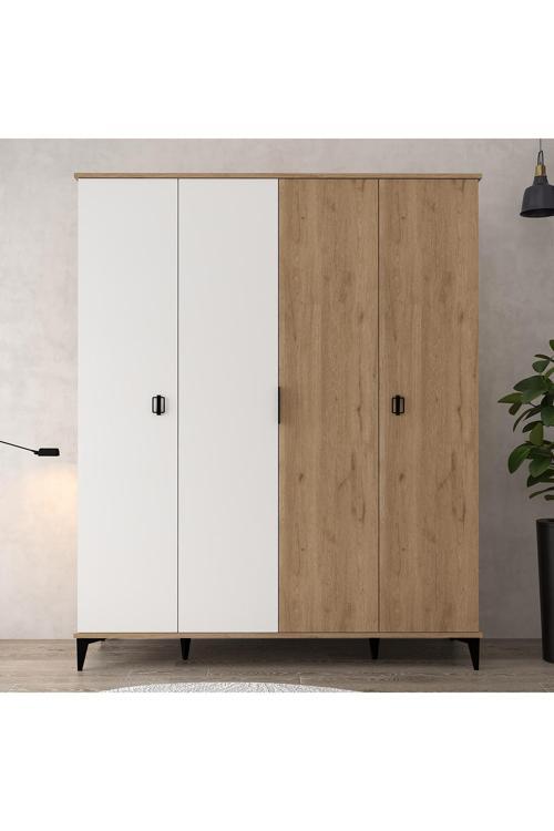 6403 Neva 4 Kapılı 200 Cm Gizli Çekmeceli Gardırop , Elbise Dolabı , Genç Odası Beyaz - Sepet
