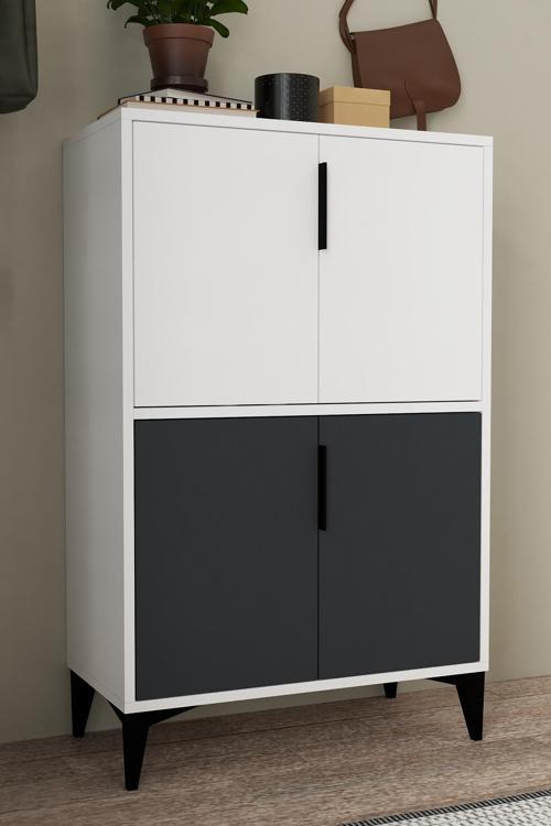 1402 Ada Ayakkabılık 4 Raflı 4 Kapaklı Çok Amaçlı Dolap Kiler Antrasit Beyaz