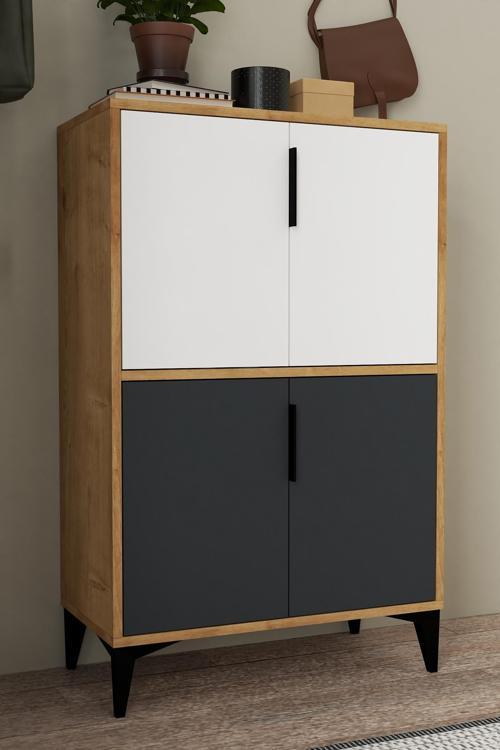 1404 Ada Ayakkabılık 4 Raflı 4 Kapaklı Çok Amaçlı Dolap Kiler Safir Beyaz Antrasit Safir