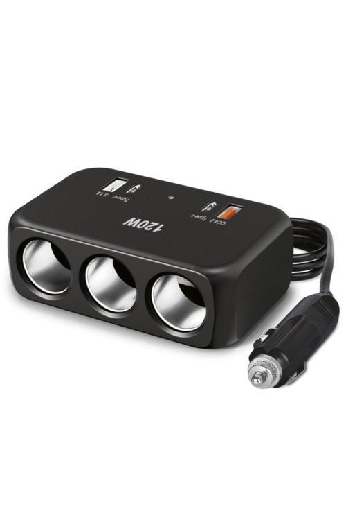 G18 Araç İçi Çakmak Çoklayıcı – 120W, 3 Çakmak Soketi, Type-C & USB Portları