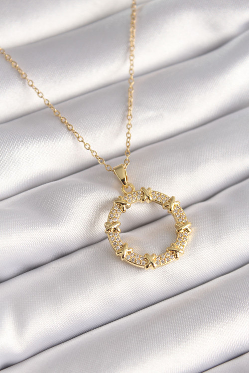 316L Çelik Gold Renk Zincir Zirkon Taşlı XoXo Model Kadın Kolye 8414