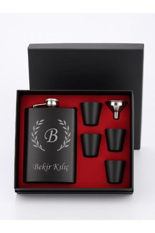 Matara Hediye Seti Özel Kutusunda Kişiye Özel Siyah Çelik Matara 4 Shot Bardaklı