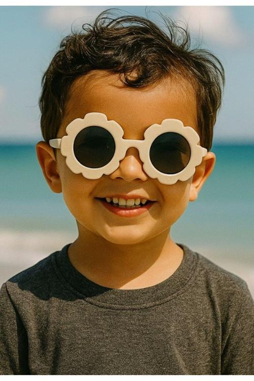 Sevimli Çocuk Güneş Gözlüğü Bej Papatya Çerçeve UV 400 Korumalı CE Belgeli Kids Güneş Gözlüğü Unisex
