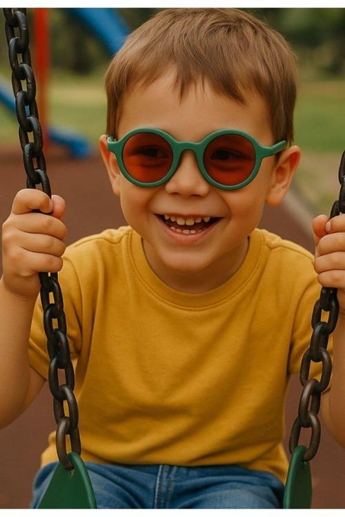 Sevimli Çocuk Güneş Gözlüğü Koyu Yeşil Yuvarlak Çerçeve UV 400 Korumalı CE Belgeli Kids Çocuk Gözlük