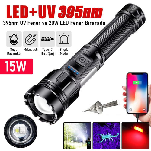 15W LED + UV El Feneri 3000mAh Şarjlı 9 Mod Zoom Powerbank Özellikli Suya Dayanıklı Fener