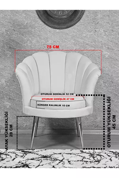 Tekli İstiridye Krom Kaplama Sivriltme Ayak Çay Seti Koltuk Tekli Berjer , Balkon, Salon, Ofis Krem Renk 47 x 47 Boyut/Ebat