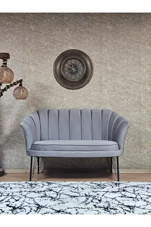 İkili İstiridye Siyah Boyalı Telli Ayak Çay Seti Koltuk Tekli Berjer , İkili Berjer Koltuk Gri Renk 110 x 48 Boyut/Ebat