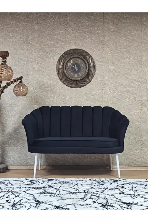 İkili İstiridye Beyaz Boyalı Sivriltme Ayak Çay Seti Koltuk Tekli Berjer , İkili Berjer Koltuk Siyah Renk 110 x 48 Boyut/Ebat
