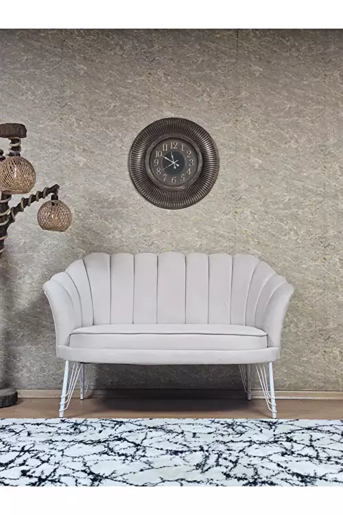 İkili İstiridye Beyaz Boyalı Telli Ayak Çay Seti Koltuk Tekli Berjer , İkili Berjer Koltuk Krem Renk 110 x 48 Boyut/Ebat