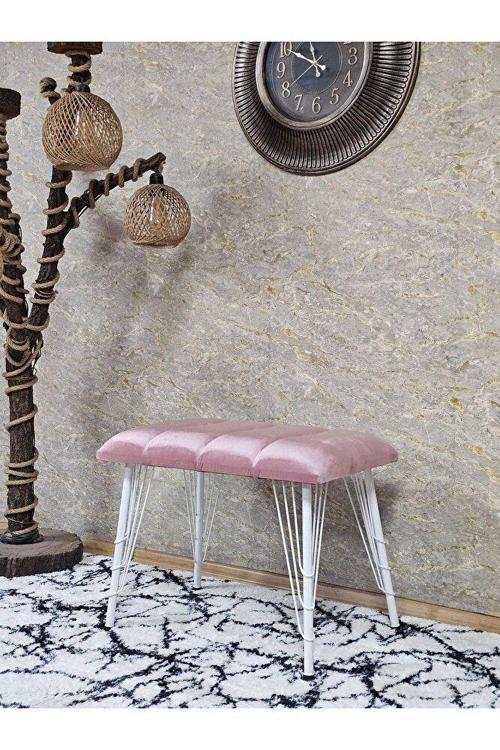 Metal Beyaz Tel Ayaklı 60 cm Puf Bench - Puf - Bench - Oturak - Mutfak Oturağı - Antre Oturağı Pembe Renk 60 x 40 Boyut/Ebat