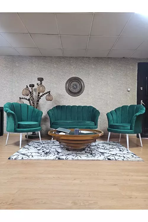 İstiridye Takım Beyaz Boyalı Sivriltme Ayak Çay Seti Koltuk Takımı Yeşil Renk 110 x 48 Boyut/Ebat