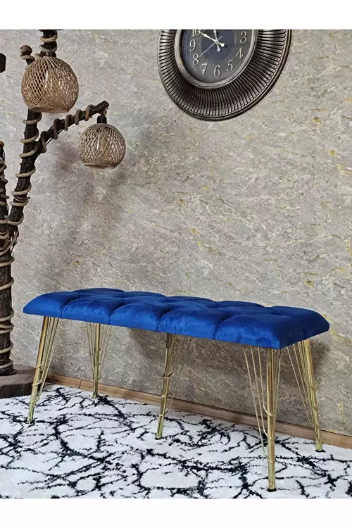 Metal Gold Tel Ayaklı 100 cm Puf Bench - Puf - Bench - Oturak - Mutfak Oturağı - Antre Oturağı Mavi Renk 100 x 40 Boyut/Ebat