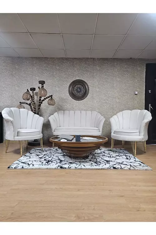 İstiridye Takım Gold Kaplama Telli Ayak Çay Seti Koltuk Takımı Krem Renk 110 x 48 Boyut/Ebat