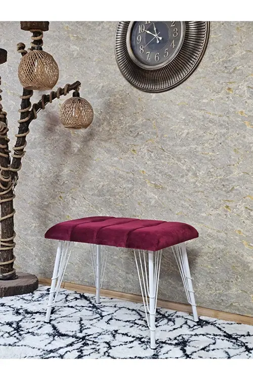 Metal Beyaz Tel Ayaklı 60 cm Puf Bench - Puf - Bench - Oturak - Mutfak Oturağı - Antre Oturağı Bordo Renk 60 x 40 Boyut/Ebat