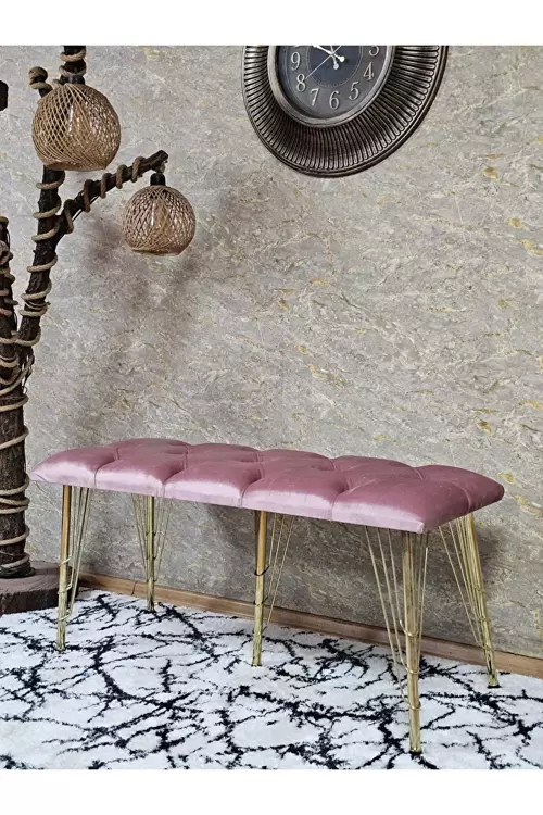 Metal Gold Tel Ayaklı 100 cm Puf Bench - Puf - Bench - Oturak - Mutfak Oturağı - Antre Oturağı Pembe Renk 100 x 40 Boyut/Ebat