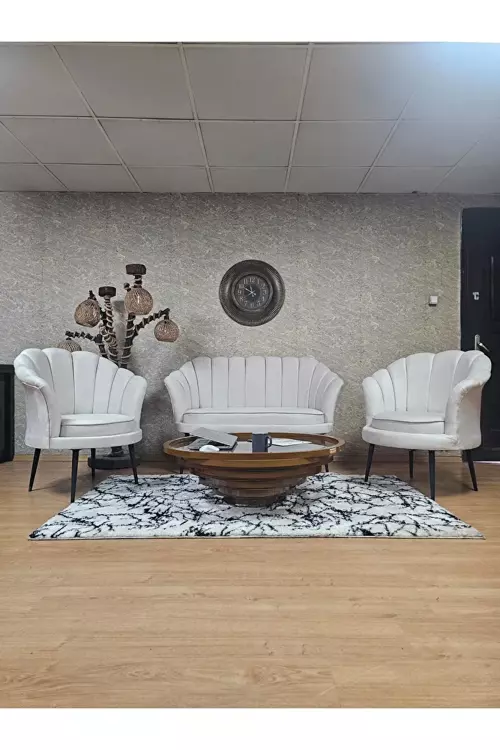 İstiridye Takım Siyah Boyalı Sivriltme Ayak Çay Seti Koltuk Takımı Krem Renk 110 x 48 Boyut/Ebat