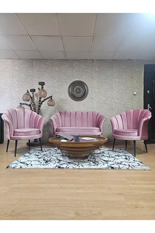 İstiridye Takım Siyah Boyalı Sivriltme Ayak Çay Seti Koltuk Takımı Pembe Renk 110 x 48 Boyut/Ebat