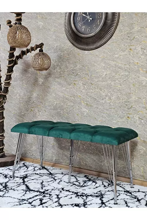 Metal Krom Tel Ayaklı 100 cm Puf Bench - Puf - Bench - Oturak - Mutfak Oturağı - Antre Oturağı Yeşil Renk 100 x 40 Boyut/Ebat