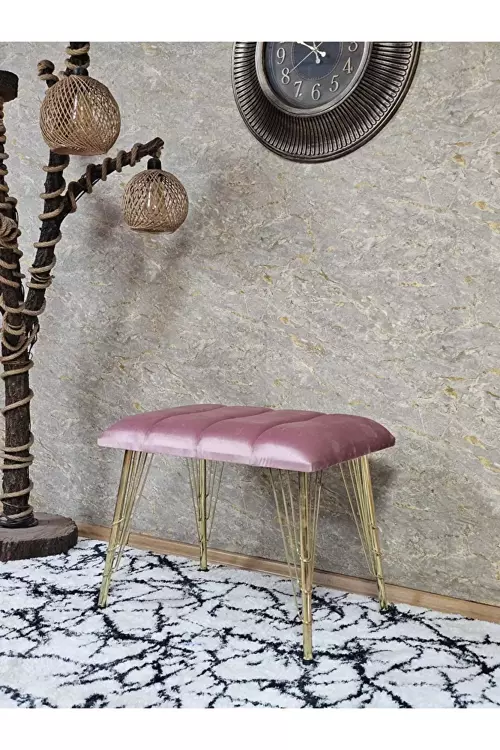 Metal Gold Tel Ayaklı 60 cm Puf Bench - Puf - Bench - Oturak - Mutfak Oturağı - Antre Oturağı Pembe Renk 60 x 40 Boyut/Ebat