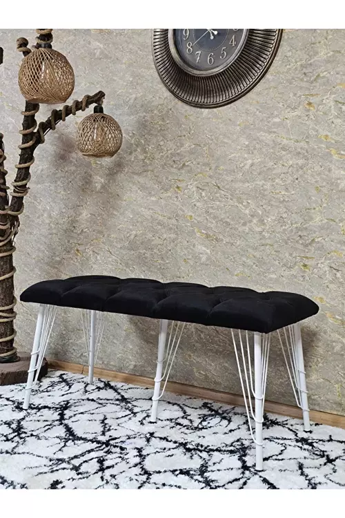 Metal Beyaz Tel Ayaklı 100 cm Puf Bench - Puf - Bench - Oturak - Mutfak Oturağı - Antre Oturağı Siyah Renk 100 x 40 Boyut/Ebat