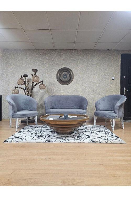 TEDDY Takım Beyaz Boyalı Telli Ayak Çay Seti Koltuk - Berjer , Balkon, Salon, Ofis Gri Renk 40 x 125 Boyut/Ebat