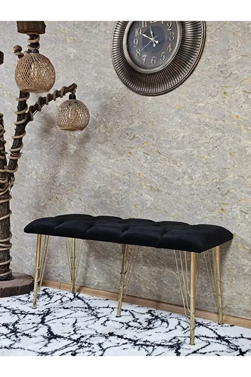 Metal Gold Tel Ayaklı 100 cm Puf Bench - Puf - Bench - Oturak - Mutfak Oturağı - Antre Oturağı Siyah Renk 100 x 40 Boyut/Ebat