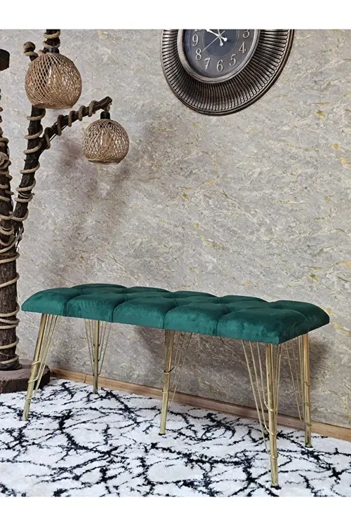Metal Gold Tel Ayaklı 100 cm Puf Bench - Puf - Bench - Oturak - Mutfak Oturağı - Antre Oturağı Yeşil Renk 100 x 40 Boyut/Ebat