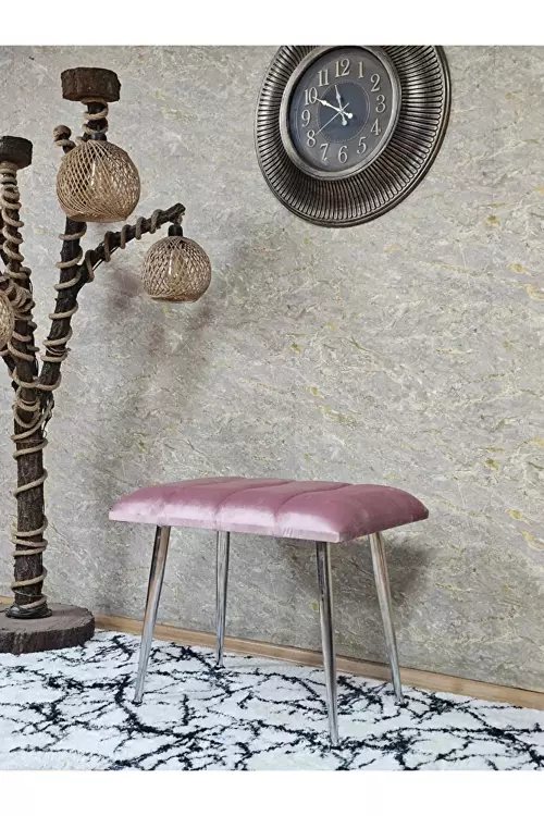 Krom Sivriltme Ayaklı 60 cm Puf Bench - Puf - Bench - Oturak - Mutfak Oturağı - Antre Oturağı Pembe Renk 60 x 40 Boyut/Ebat